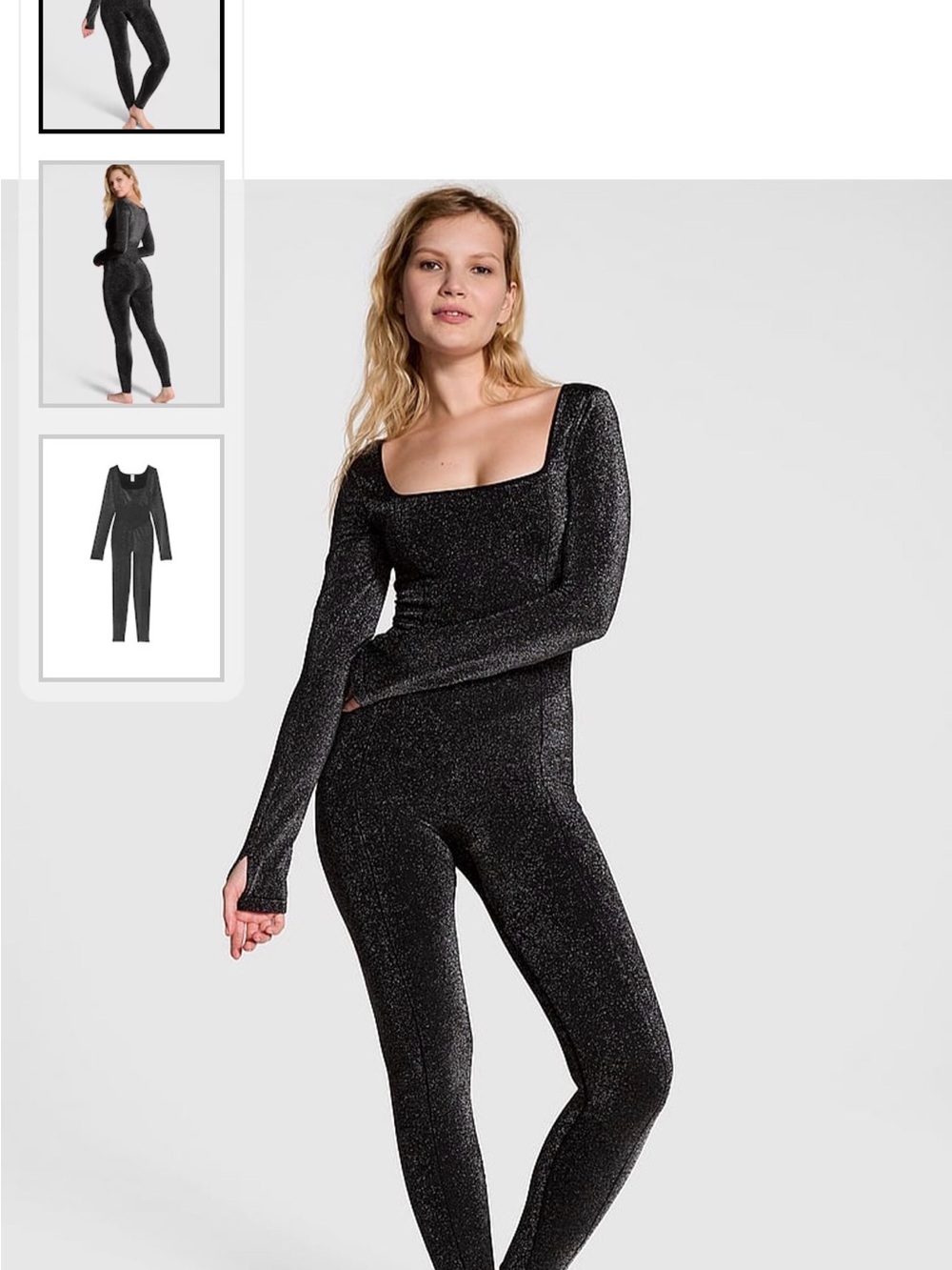 PINK Victoria's Secret Black Sparkle Square-Neck Long-Sleeve Jumpsuit size M